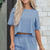Sky Blue Solid Color Contrast Textured Patchwork Raw Edge 2pcs Short Set