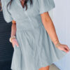 Beau Blue Solid Color Textured V Neck Zip Up Shirred High Waist Mini Dress