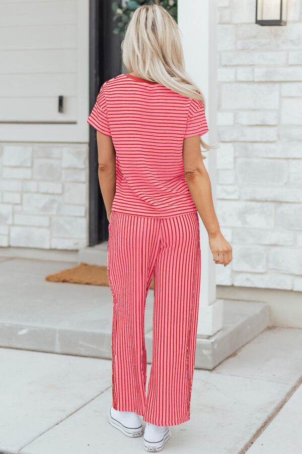 Sky Blue Stripe Crew Neck Tee Drawstring Waist Cropped Pants Set
