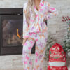 Pink Striped Bow Print Contrast Piping Trim Shirt and Pants 2pcs Pajama Set