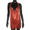 571136043 Shiny Rhinestone Halter Neck Side Split Sleeveless Dress