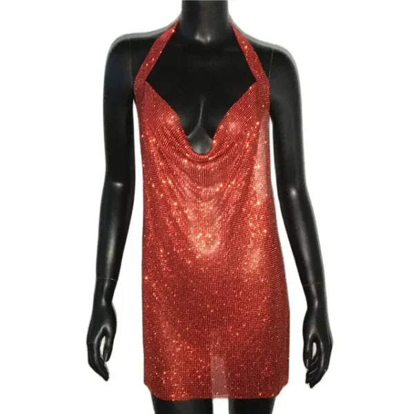 571136043 Shiny Rhinestone Halter Neck Side Split Sleeveless Dress