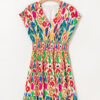 Sky Blue Abstract Print V Neck Dolman Sleeve Ruffle Tiered Mini Dress