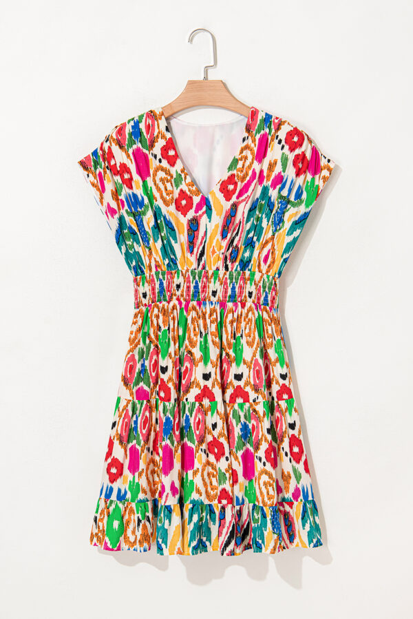 Sky Blue Abstract Print V Neck Dolman Sleeve Ruffle Tiered Mini Dress