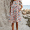 Apricot Bohemian Floral Print Short Puff Sleeve Mini Dress