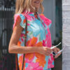 Multicolour Vibrant Flower Printed Tie V Neck Ruffle Trim Sleeveless Blouse