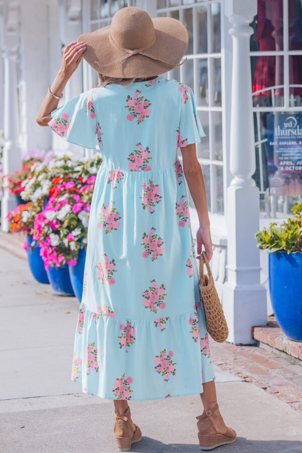 Pink Notched Neck Flutter Short Sleeve Floral Print Maxi Dress