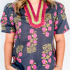 White Plus Size Floral Print Ricrac Striped Trim Short Sleeve Cotton Blouse
