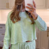 101729781-06e057f67047f67f.jpg Green Gingham Long Sleeve Loose Top Drawstring Shorts 2pcs Lounge Set