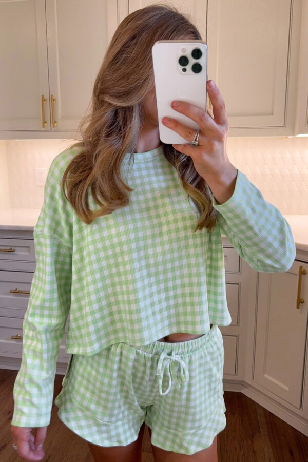 101729781-06e057f67047f67f.jpg Green Gingham Long Sleeve Loose Top Drawstring Shorts 2pcs Lounge Set