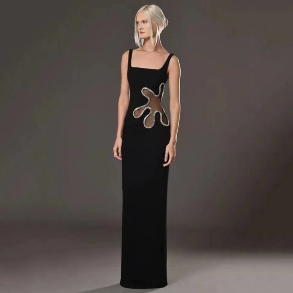Black mesh diamond long sleeveless square neck high-end dress