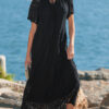 Black Floral Lace Overlay Tassel Tie Short Sleeve Beach Vacation Loose Maxi Dress