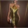 Shiny Metallic Halter Slim Mini Dress