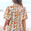 Multicolour Crochet V Neckline Puff Sleeve Boho Flower Blouse