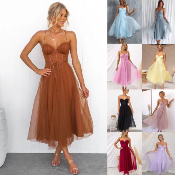 Elegant and sexy suspender mesh party evening dress