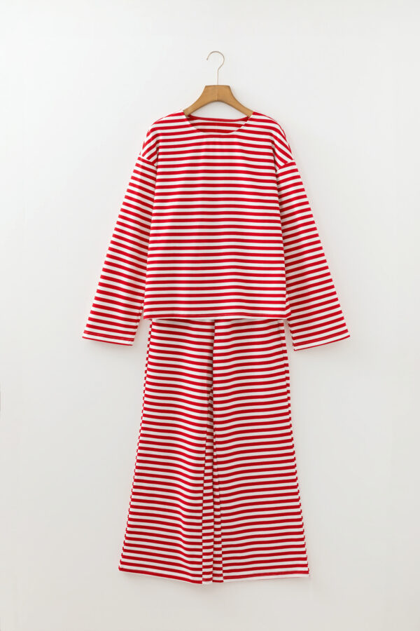 101728372-084da6b0f3c3cfc6.jpg Red Stripe Drop Shoulder Long Sleeve Top Lounge Pants 2pcs Set