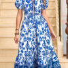 Sky Blue Floral Puff Short Sleeve V Neck High Waist Maxi Dress