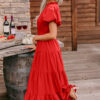 Clearly Aqua Solid Color V Neck Short Puff Sleeve High Waist Tiered Maxi Dress