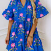 Blue V Neck Short Sleeve Loose Flower Dress