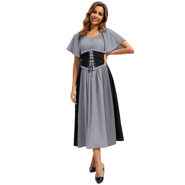 Style Medieval Retro Color-block Spliced Tie-waist Flared Dress