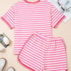 Pink Stripe Contrast Trim Short Sleeve Top Loose Shorts 2pcs Casual Outfit