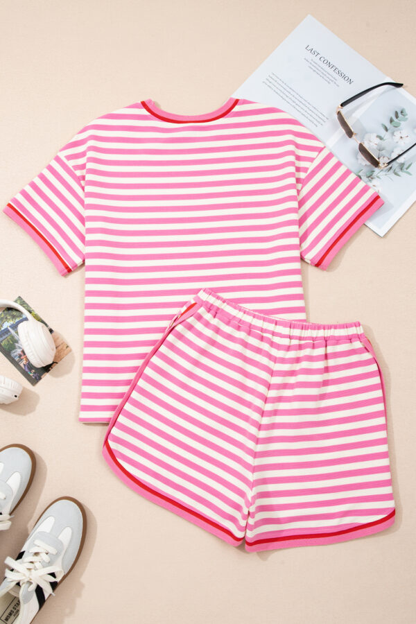 Pink Stripe Contrast Trim Short Sleeve Top Loose Shorts 2pcs Casual Outfit