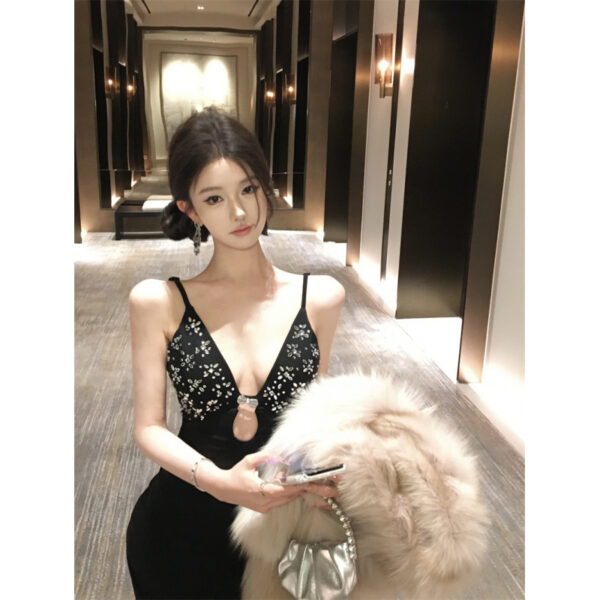 Rhinestone Metal Accessories Bandage Fitted Halter Dress
