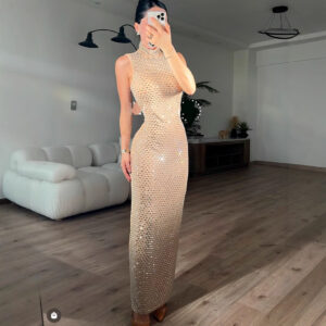 Shiny Diamond Micro-Sexy Halter Sleeveless Casual Beaded Fitted Long Bodycon Party Dress