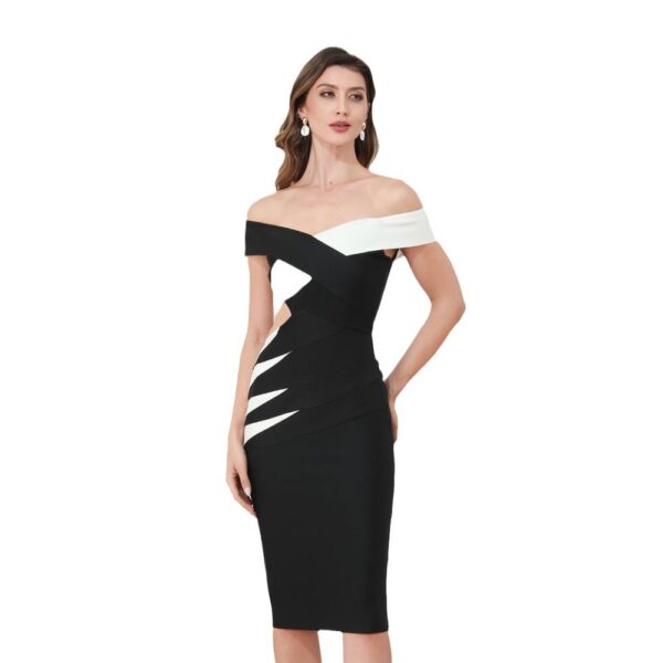 Black White Patchwork Off Shoulder Bodycon Party Dress