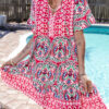 Pink Bohemian Print Tie Neck Ruffle Hem Short Dress