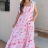 Pink Floral Print Knotted Shoulder Smocked Maxi Dress
