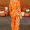 Orange Halloween Print Lapel Shirt Long 2pcs Pajama Set