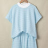 Pink Stripe Cuffed Sleeve Contrast Mock Neck Tee Casual 2pcs Short Set