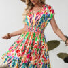 Sky Blue Abstract Print V Neck Dolman Sleeve Ruffle Tiered Mini Dress