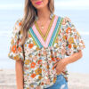 Multicolour Crochet V Neckline Puff Sleeve Boho Flower Blouse