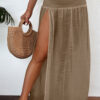 Pale Khaki Shirred High Waist Split Long Beach Skirt