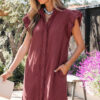Red Sandalwood Frilled Detail Button Down Ruffle Short Sleeve Denim Mini Dress