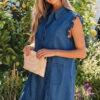 Sail Blue Ruffled Edge Collared Shift Denim Dress with Pockets