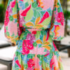Green Multicolor Botanical Bubble Sleeve Mini Dress