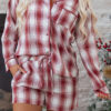 Red Retro Plaid Long Sleeve Shirt Drawstring Shorts 2pcs Lounge Set
