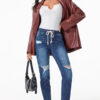 Dark Blue Elastic Waist Straight Leg Destroyed Raw Hem Jeans