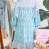Sky Blue Boho Floral Geometric Patchwork Ruffle Detail Puff Sleeve Mini Dress