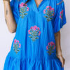 Blue Flower Embroidered Split Neck Short Puff Sleeve Ruffle Hem Dress