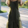 French Vinatge Midi Dress Women Retro Pure Color Short Sleeve Party Design