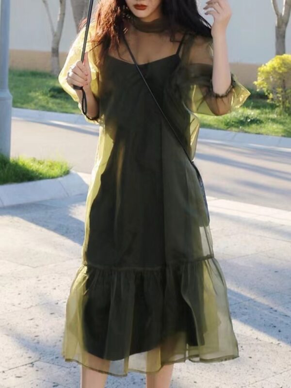 French Vinatge Midi Dress Women Retro Pure Color Short Sleeve Party Design