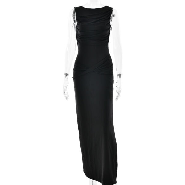 Sleeveless Pleated Slit Fitted Formal Gown