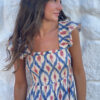 Sky Blue Ethnic Geometric Print Square Neck Smocked High Waist Ruffle Sleeve Dress