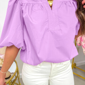 Phalaenopsis Stitched Detail V Neck Puffy Half Sleeve Blouse