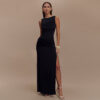 Sleeveless Pleated Slit Fitted Formal Gown