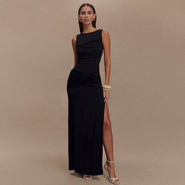 Sleeveless Pleated Slit Fitted Formal Gown